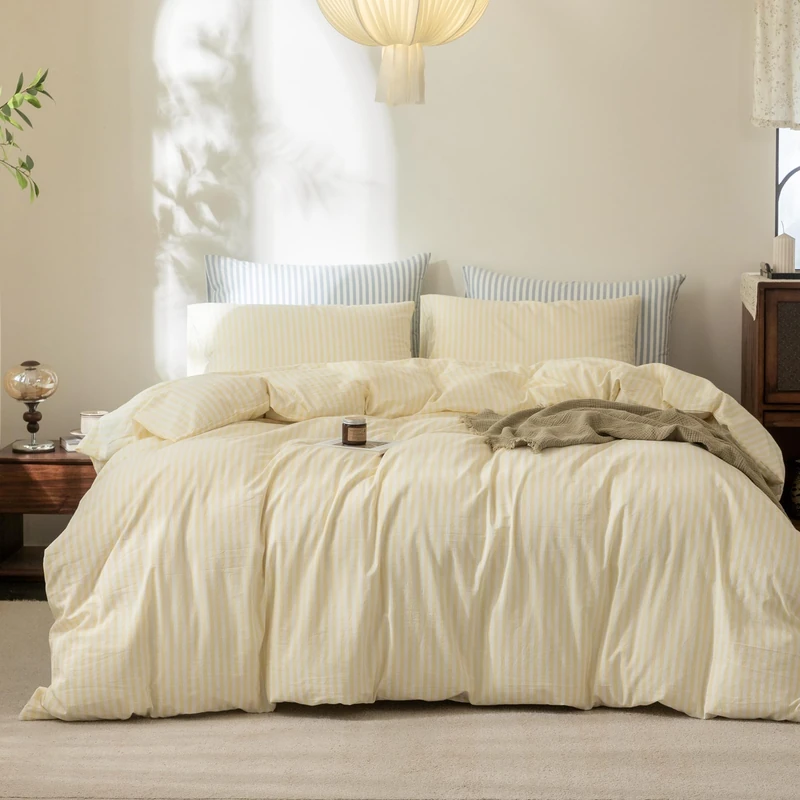 FOSSA Striped Duvet Cover Set 100% Washed Cotton Linen Feel California King