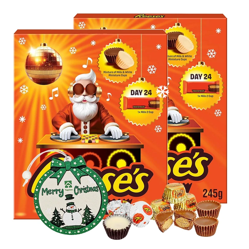 Peanut Butter Chocolate Advent Calendar 2025 - Pack of 2 x 245g White & Milk Chocolate Peanut Butter Cups 24 Days Christmas Countdown Calendar & Topline Tree Ornament. Christmas Gifts for Kids
