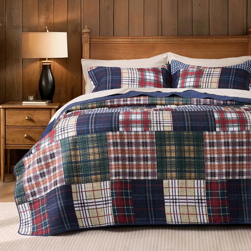 PPOLCA Patchwork King Quilt Bedding Set, Plaid Lightweight Reversible Bedspread Coverlet, 3-Piece Bed Cover Quilt with 2 Pillow Shams for All Season, Navy Blue