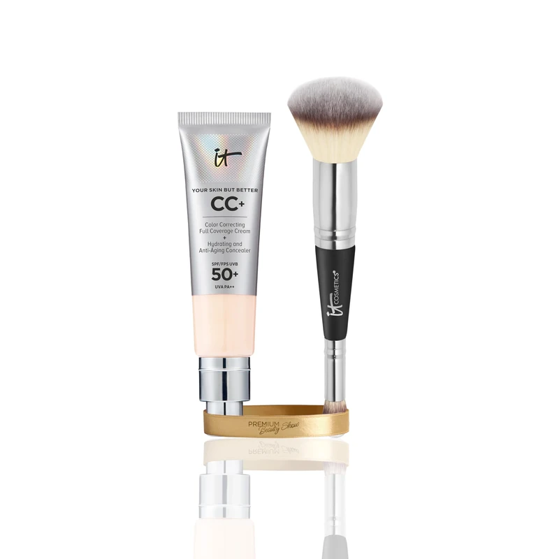 IT Cosmetics CC+ Cream SPF 50 Fair Beige 32ml & Heavenly Luxe Complexion Perfection Brush #7, Double-Ended Foundation & Concealer Brush