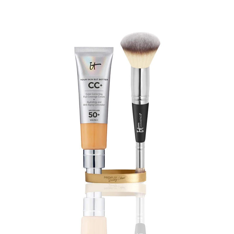 IT Cosmetics CC+ Cream SPF 50 Tan Warm 32ml & Heavenly Luxe Complexion Perfection Brush #7, Double-Ended Foundation & Concealer Brush