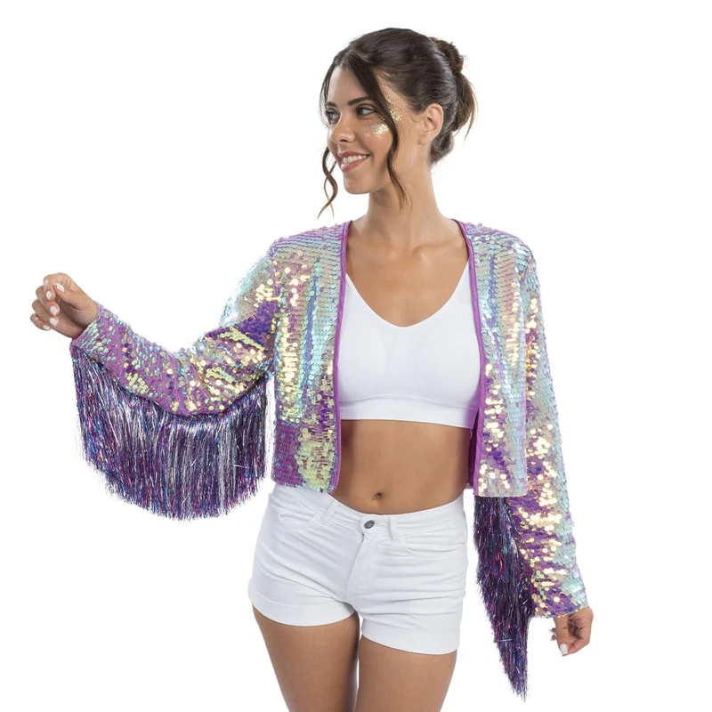 Chaks - Women's cropped jacket, short jacket with sequins and fringes on the sleeves, glitter party outfit for carnival and festivals