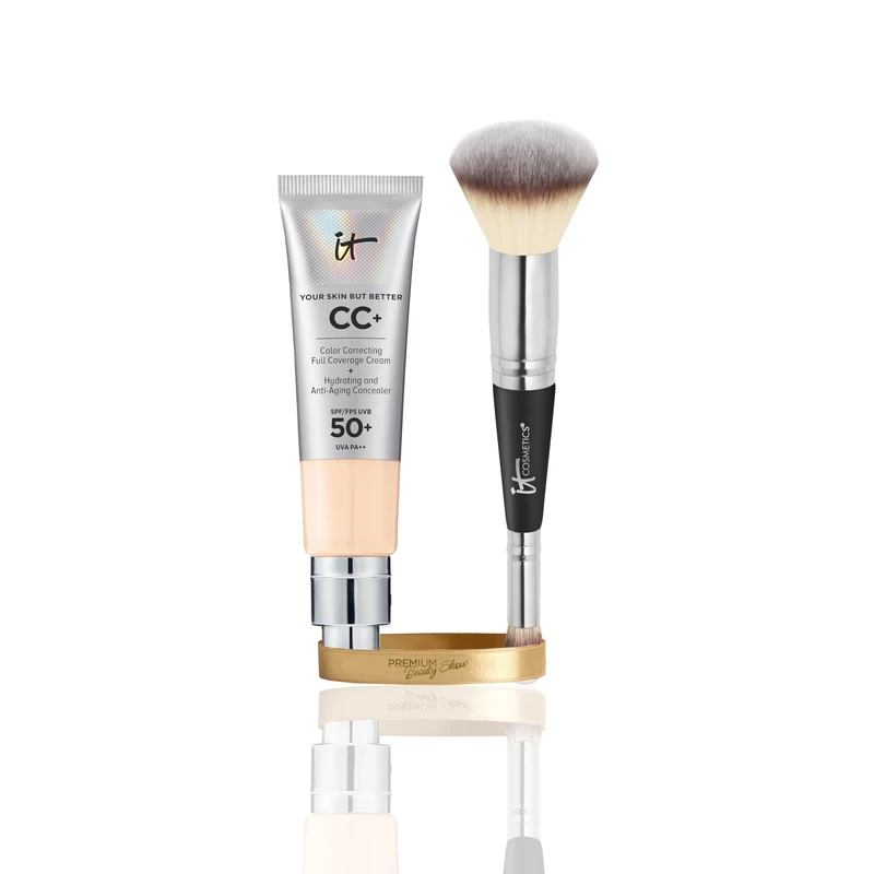 IT Cosmetics CC+ Cream SPF 50 Fair Warm 32ml & Heavenly Luxe Complexion Perfection Brush #7, Double-Ended Foundation & Concealer Brush