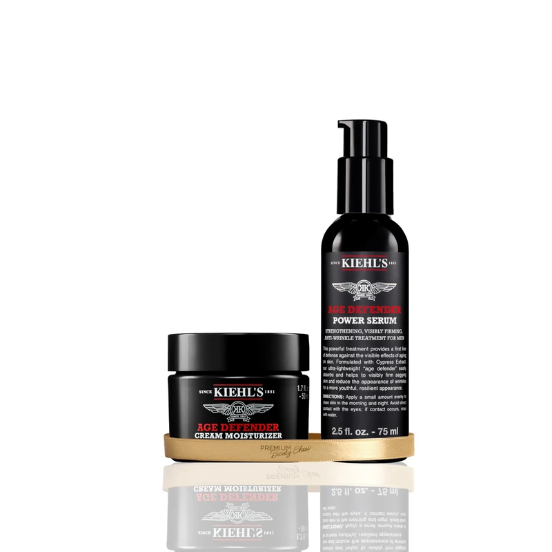 Kiehl's Age Defender Cream Moisturiser 75ml & Age Defender Power Serum 75ml, Firming Anti-Ageing Men's Skincare with Linseed & Cypress Extracts