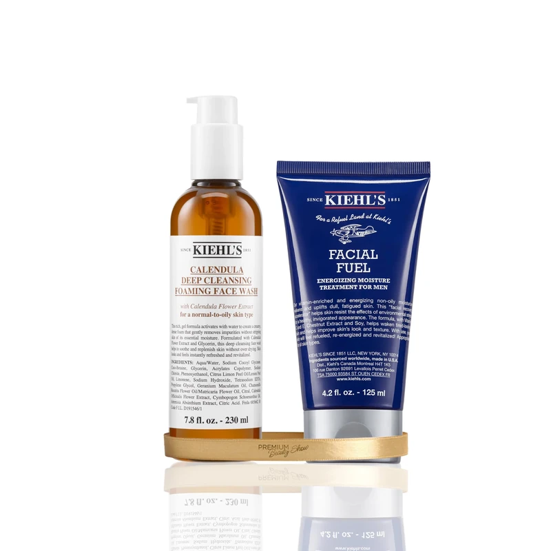 Kiehl's Calendula Deep Cleansing Foaming Face Wash 230ml & Facial Fuel Moisturiser 125ml, Men's Hydrating Cream with Vitamin C & Caffeine