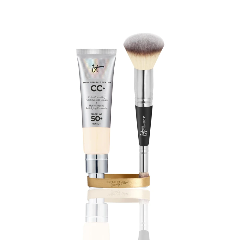 IT Cosmetics CC+ Cream SPF 50 Fair Ivory 32ml & Heavenly Luxe Complexion Perfection Brush #7, Double-Ended Foundation & Concealer Brush