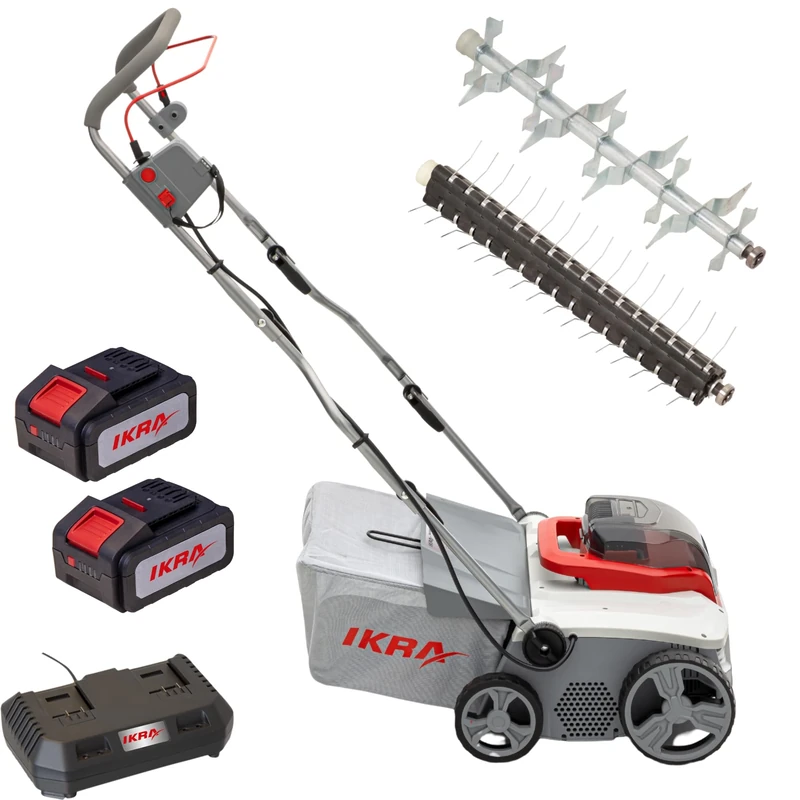 IKRA Cordless Scarifier Lawn Aerator 3-in-1 IAVL 2-2040, Collection Tray 40 l, Working Width 40 cm, Including 2 x Batteries 20 V 4.0 Ah and Quick Charger