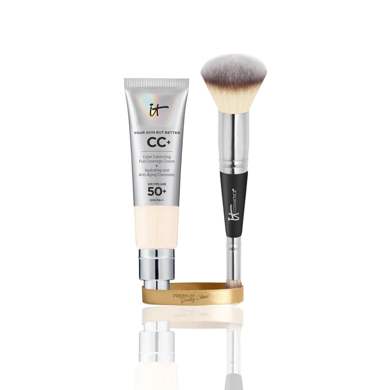 IT Cosmetics CC+ Cream SPF 50 Fair Porcelain 32ml & Heavenly Luxe Complexion Perfection Brush #7, Double-Ended Foundation & Concealer Brush