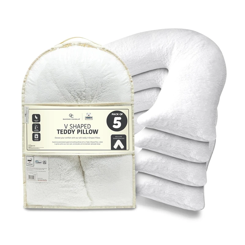 GC GAVENO CAVAILIA Teddy Fleece V Shaped Pillow with Removable Cover - Hollowfibre Filled Orthopedic Cushion - Neck and Back Support Pillows - Comfortable Pregnancy and Side Sleeper Pillow, 5 Pack