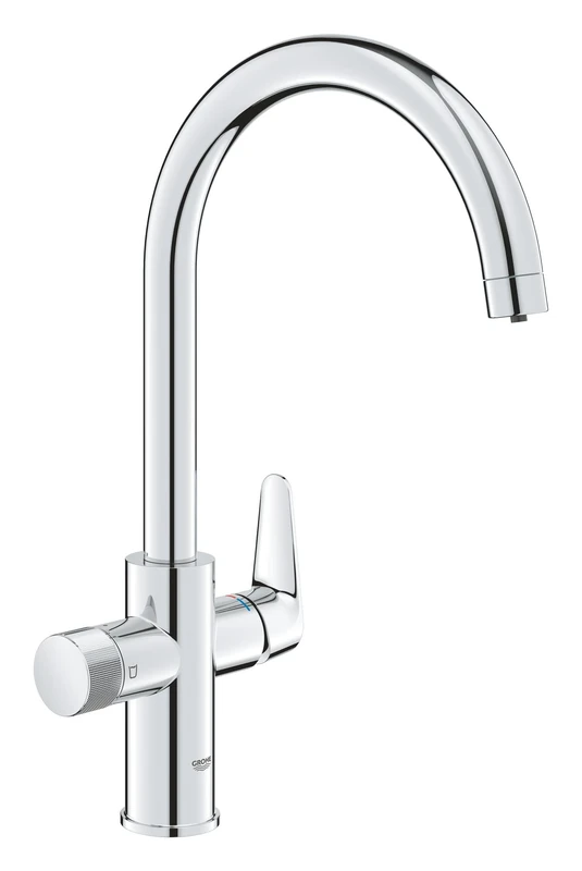 GROHE Blue Pure BauCurve – 3 Way Water Filter Tap (High C-Spout, Swivel Area 150°, Dedicated Filter Handle, 28mm Ceramic Cartridge, 3/8 Inch Tails, Needs a Filter Starter Set), Chrome, 30580000