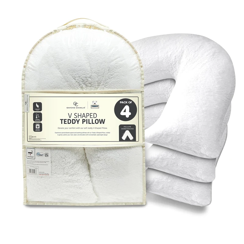 GC GAVENO CAVAILIA Teddy Fleece V Shaped Pillow with Removable Cover - Hollowfibre Filled Orthopedic Cushion - Neck and Back Support Pillows - Comfortable Pregnancy and Side Sleeper Pillow, 4 Pack