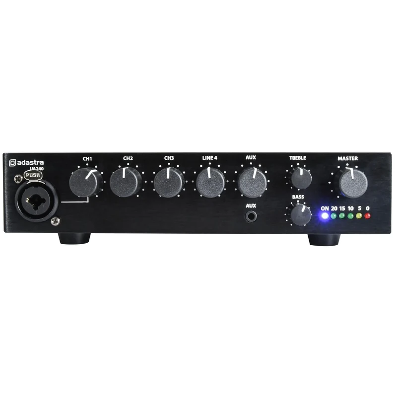 Adastra | UA Series Compact 100V Mixer-Amplifier | 5-Input 240W Small PA System for Shops, Offices & Community Venues | Easy-to-Use, Reliable Sound, Fire Alarm Mute