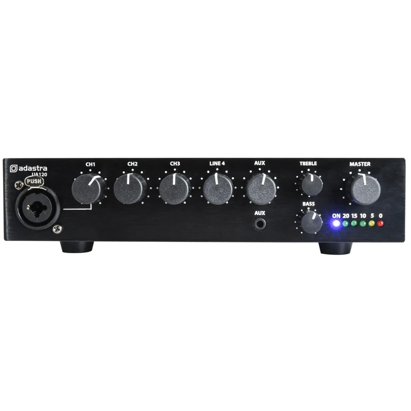 Adastra | UA Series Compact 100V Mixer-Amplifier | 5-Input 120W Small PA System for Shops, Offices & Community Venues | Easy-to-Use, Reliable Sound, Fire Alarm Mute