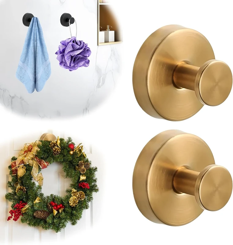 Suction Cup Hooks for Christmas Wreath - No Drill Suction Cup Hooks for Shower Hanging Towels, Stainless Steel Wreath Hanger Holder for Glass Window Door Bathroom Mirrors (Gold, 2 PCS)