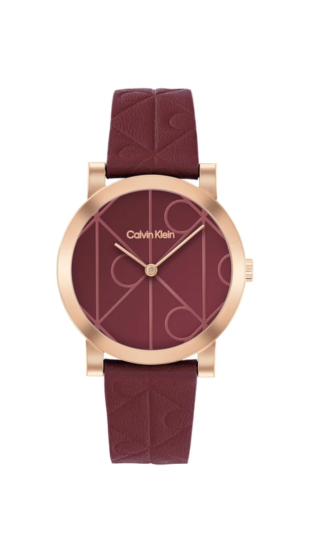 Calvin Klein Two Hand Quartz Movement Watch for Women CK Monogram Collection with Burgundy Leather Strap - 25100130