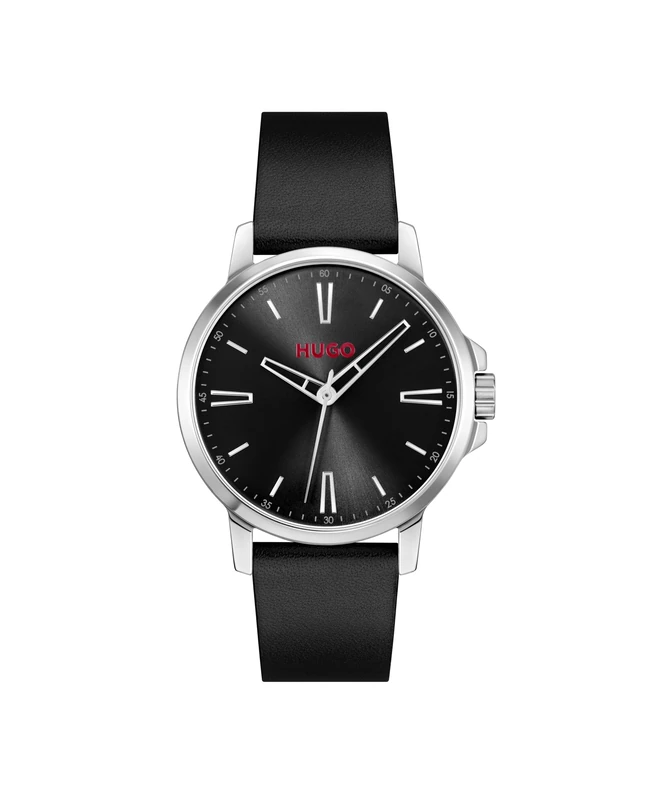 HUGO Three Hand Quartz Movement Watch for Men #Smooth Collection with Black Leather Strap - 1530417