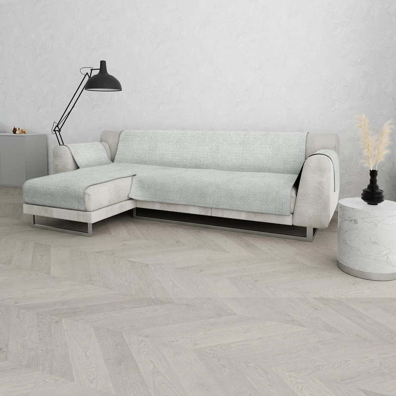 Non-Slip Comfort Sofa Cover with Left Peninsula and Side Armrest Covers, Made in Italy, Sofa Seat 290 cm – Light Grey