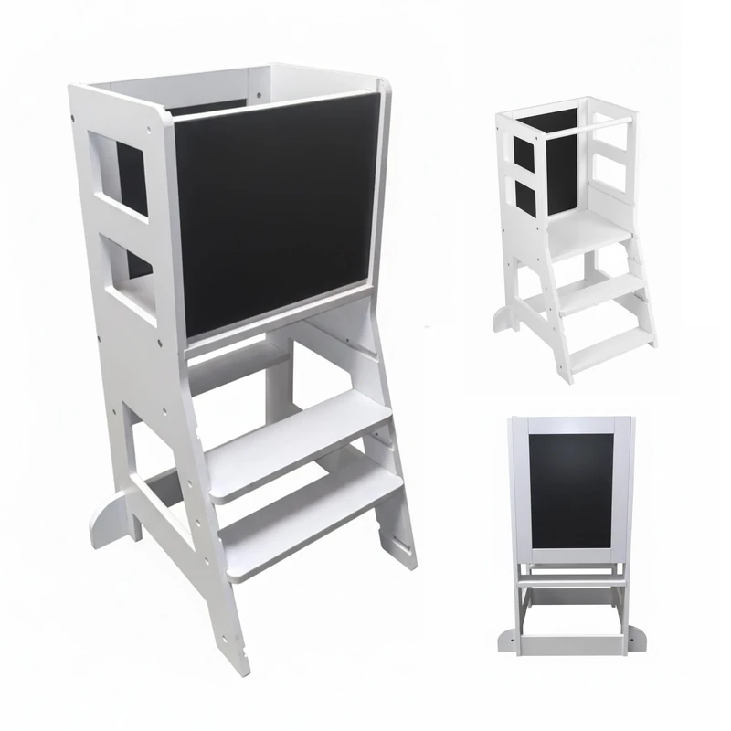 Relaxdays learning tower with chalkboard, 1+ yrs, 2 steps, safety guard, 86x40x44cm, toddler step stool, white