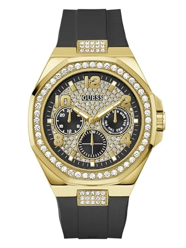 Guess Empire Men's Quartz Watch with Cubic Zirconia, Black Silicone Strap, Mineral Glass, Black Dial, 5 Bar, Case Diameter: 45 mm, GW1002G2