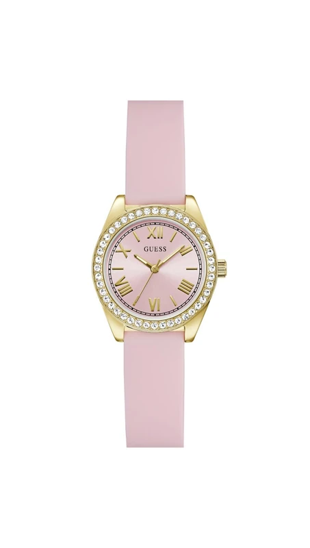 Guess GW1000L2 Mini Luna 30mm Stainless Steel Gold Rose Dial Quartz Mineral Glass Cubic Zirconia 3ATM White Silicone Strap 14mm Ladies Watch