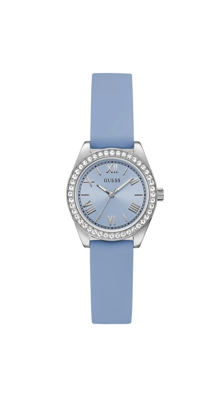Guess GW1000L1 Mini Luna 30mm Stainless Steel Silver Blue Dial Quartz Mineral Glass Cubic Zirconia 3ATM White Silicone Strap 14mm