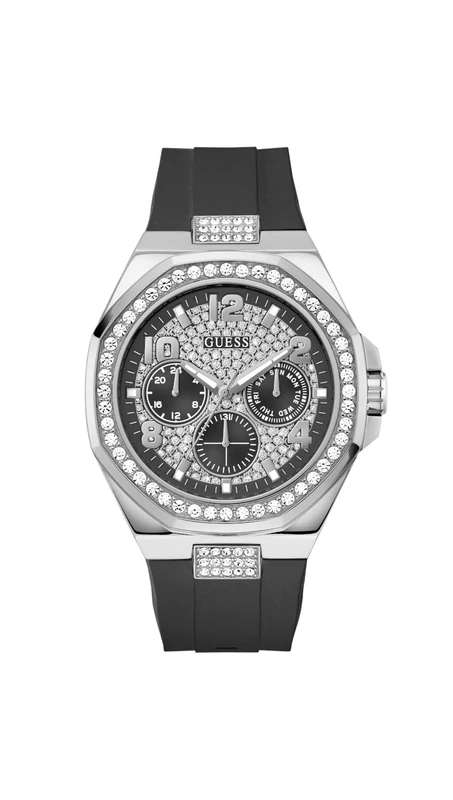 Guess Empire GW1002G1 Men's Quartz Analogue Stainless Steel Watch 46 mm Silicone Strap Silver 5 Bar Black Dial Date Display