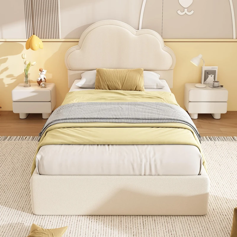 Ball & Cast Single Bed Frame with Storage, 3ft Upholstered Ottoman Bed with Headboard & Hydraulic for Adults & Teenagers, Cloud-Shaped Velvet Backrest, Velvet + Plywood, 90x190cm, Beige, (No Mattress)