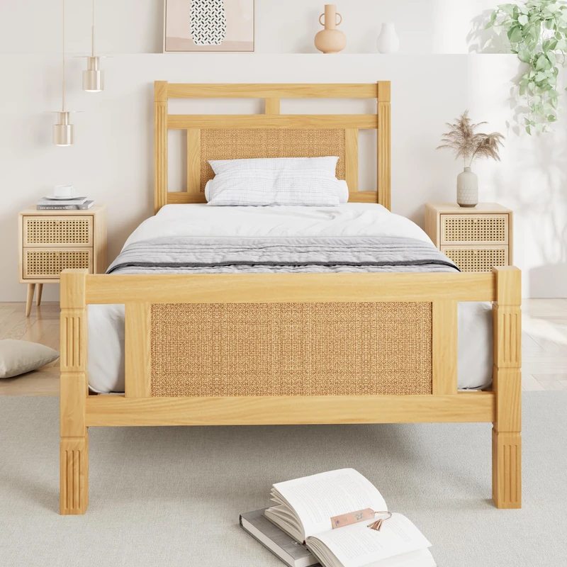 Ball & Cast Wooden bed, 3ft single bed 90×190cm, MDF with rattan paper, Sturdy bed slats, Pine+MDF+Plywood, Wood colour