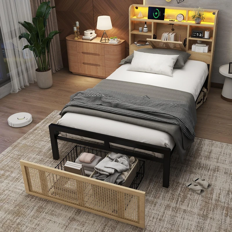 Ball & Cast Single Bed with Storage, 3FT Bed Frame with Charging Port and LED Light Strip, Headboard with Storage Compartments, PE Rattan-Style Drawer with Wheels, MDF and Iron, Wood Colour, 90x190cm