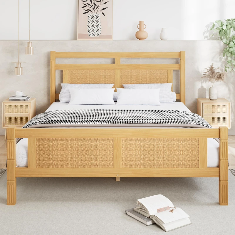 Ball & Cast，4ft6 Double bed 135×190cm, MDF with rattan paper, Sturdy bed slats, Pine+MDF+Plywood, Wood colour