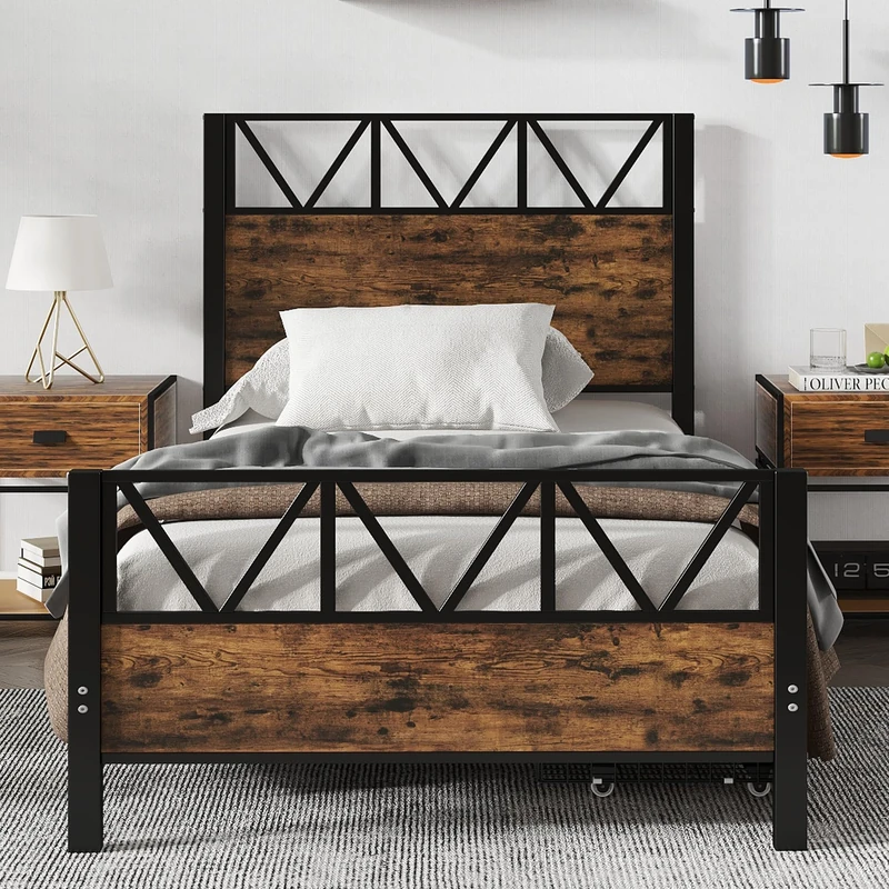 Ball & Cast Single bed frame with Storage, 3FT Single Metal Bed with 2 Drawers, Durable and Sturdy, Storage bed for adults & teenagers(No Mattress), Black+Walnut/90CM*190CM