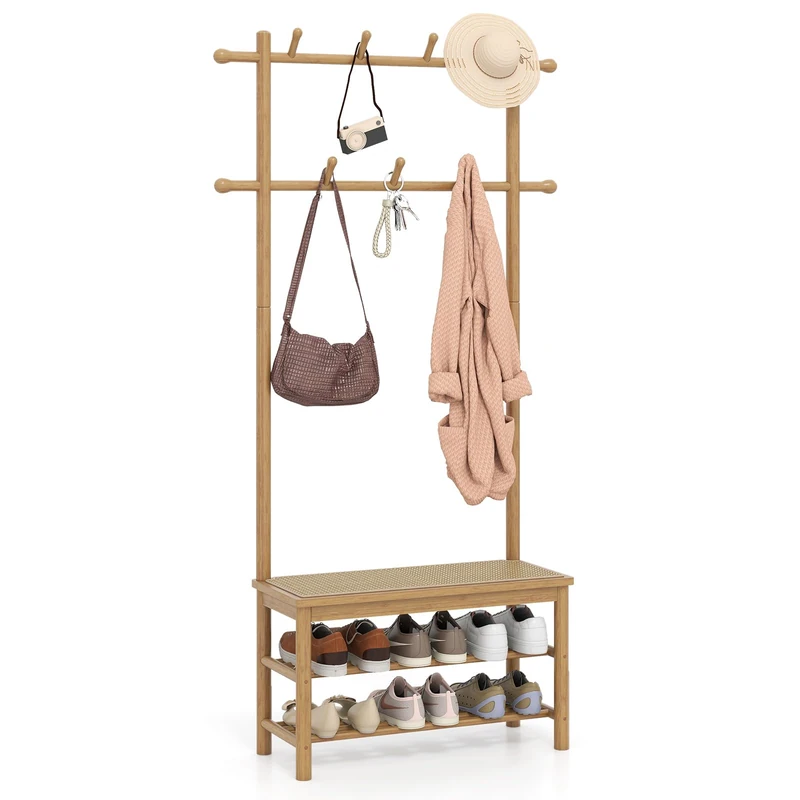 FANTASK Coat Rack 71 x 30 x 179.5 cm with Shoe Rack, 2 Rods and 13 Hooks, Freestanding Shoe Rack for Hallway, Entrance (Natural) - Image 1