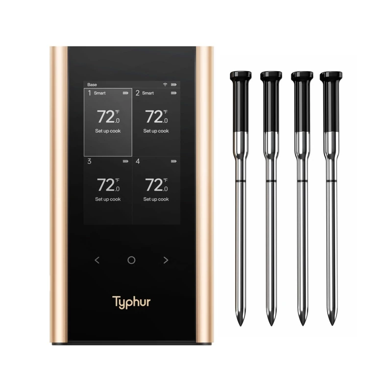 Typhur Sync Gold Wireless Meat Thermometer, 4 Probes, WiFi & Sub-1Ghz, 10x Signal, 6 Sensors, ±0.3℃ Accuracy, APP & Smart Base, IPX8 Waterproof Temperature Probe for BBQ Oven Smoker Grill Air Fryer