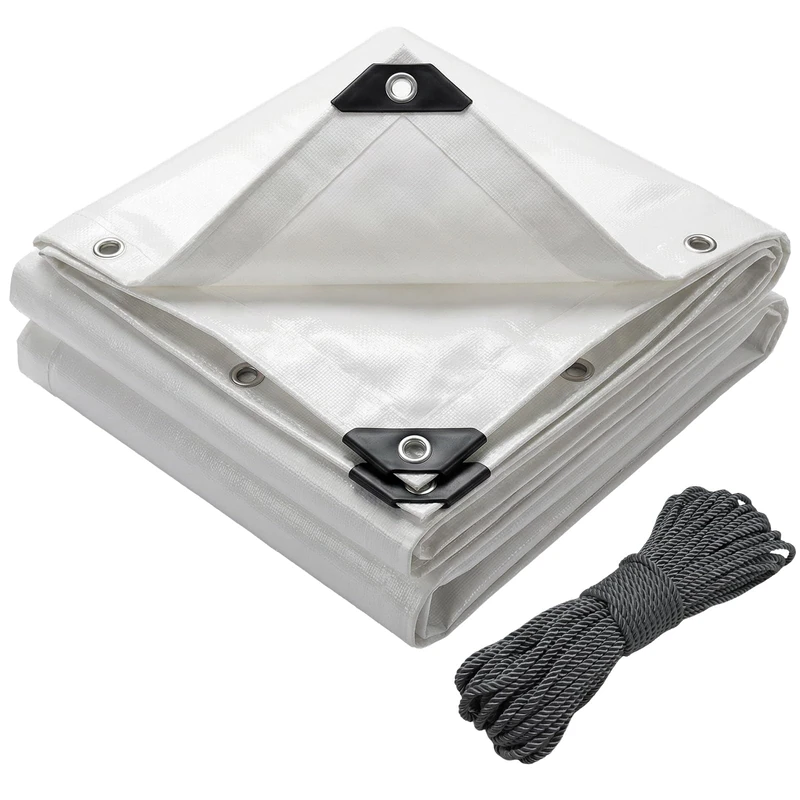 VOUNOT® 6x8m Tarpaulin Heavy Duty 180 g/m² Waterproof TarpLarge Ground Camping Sheet with Eyelets, Fixing Ropes for Outdoor Furniture Caravan Car Cover, White