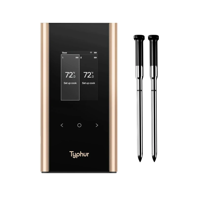 Typhur Sync Gold Wireless Meat Thermometer, 2 Probes, WiFi & Sub-1Ghz, 10x Signal, 6 Sensors, ±0.3℃ Accuracy, APP & Smart Base, IPX8 Waterproof Temperature Probe for BBQ Oven Smoker Grill Air Fryer