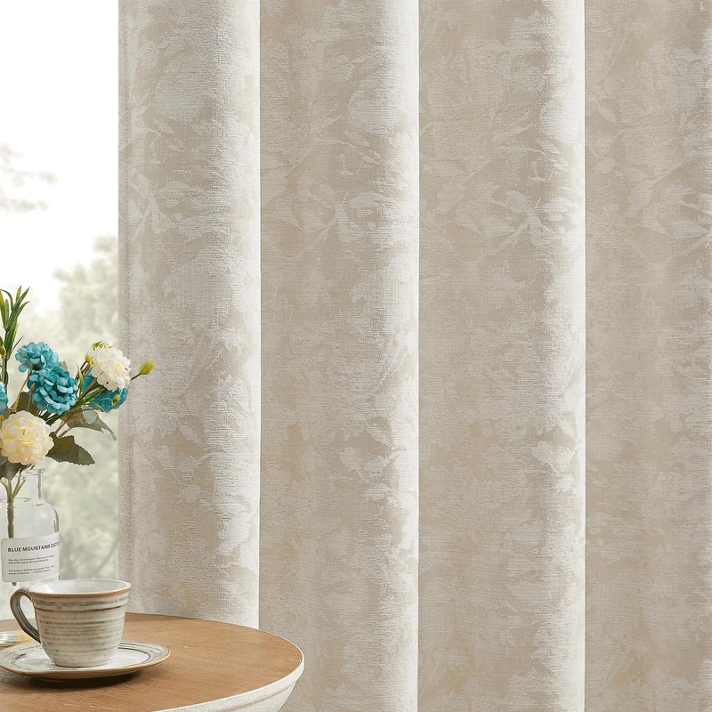 Beauoop Beige Floral Jacquard Blackout Curtains for Bedroom 52x108 2 Panels