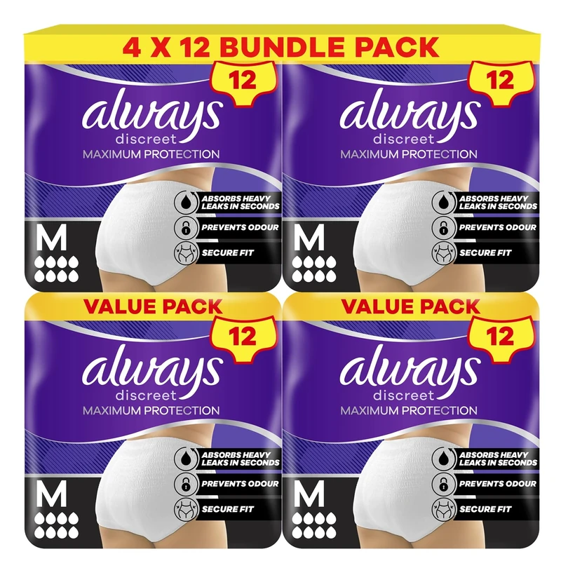 Always Discreet Incontinence Pant Maximum Protection 8 Drops, Size M, 4x12 Counts, with Odour Neutralising Technology