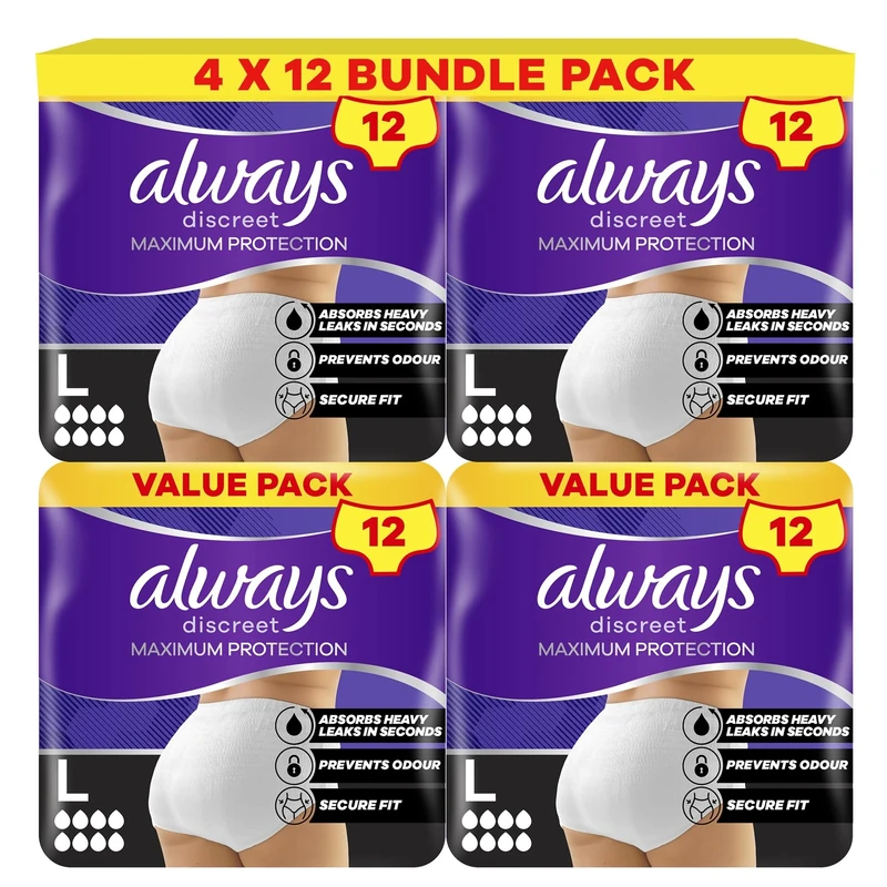 Always Discreet Incontinence Pant Maximum Protection 8 Drops, Size L, 4x12 Counts, with Odour Neutralising Technology