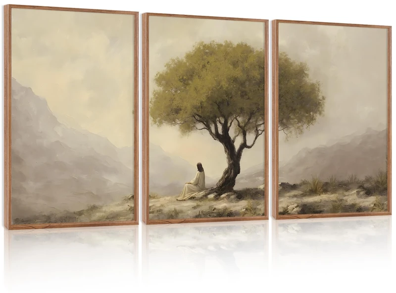 HLNIUC Jesus Wall Art Canvas,Christian Bible Artwork,Religious Vintage Tree Wall Art Framed,Landscape Christian Artwork Nature,Neutral Tone Religious Painting for Living Room,Bedroom,Church 24*36"*3