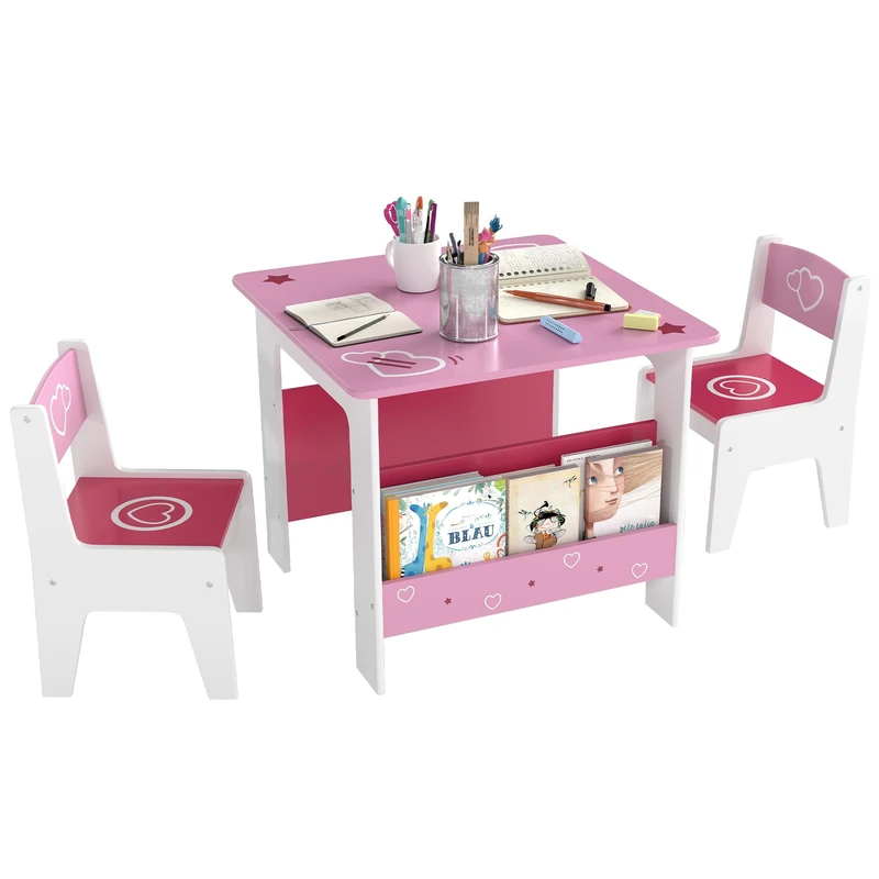 AIYAPLAY Kids Table and Chair Set, Toddler Activity Table with Bookshelves, 2 Chairs, Heart Themed 3 Pieces Kids Desk Set for Classroom, Home, Nursery, Playroom, for Arts, Crafts, Reading, Pink