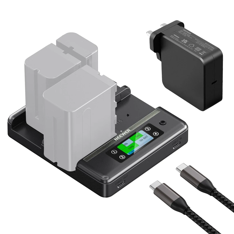 NEEWER NP-F970 4 Channel Charger with Smart Power Consolidation Compatible with Sony NP-F550 750 Camcorder NPF Camera Battery, PD100W Fast Charging/PD100W Charger/Dual USB C/OLED Display, NW-F4R