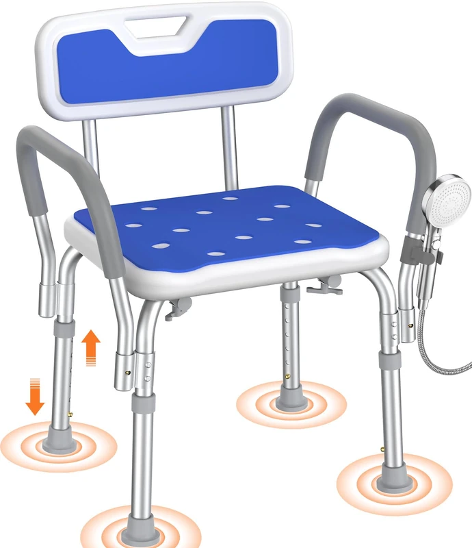 Luckfaith LC11 Shower Chair with Backrest – 6-Level Adjustable Height, Non-Slip Bath Seat with Padded Back Support, Lightweight Shower Stool for Elderly, Disabled & Pregnant, Blue