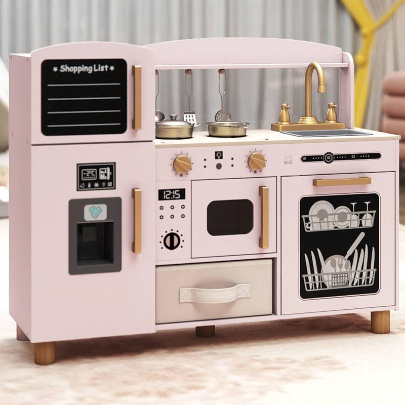 GYMAX Wooden Toy Kitchen, Kids Cooking Role Playset (Pink)