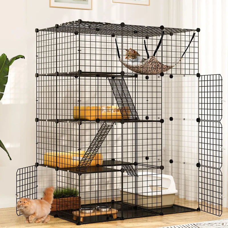 YITAHOME Large 4-Tiers Cats Cage Indoor, 104x72x140 cm Enclosure Metal Wire Cats Kennels with 4 Doors, 3 Ladders DIY Pet Playpen with Large Hammock for 1-3 Kitty, Rabbits, Chinchillas