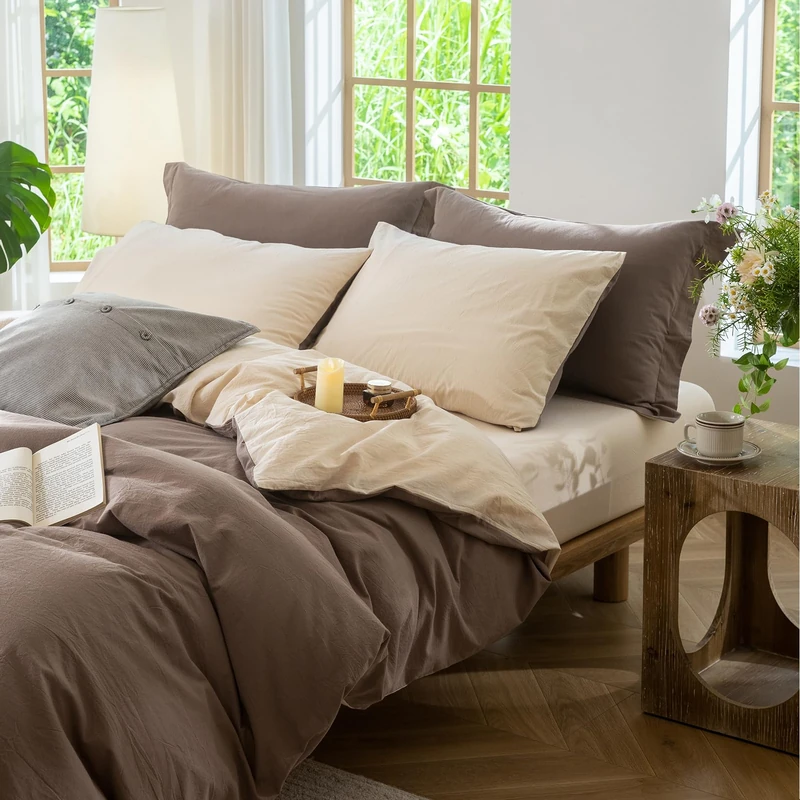 BDEAR Vintage Linen Feel Full Size Percale Duvet Cover Set 80x90 inch Double Sided Reversible 100% Washed Cotton Duvet Cover Plus 2 Pillowcases, Light Chocolate Brown Plus Sandy Beige