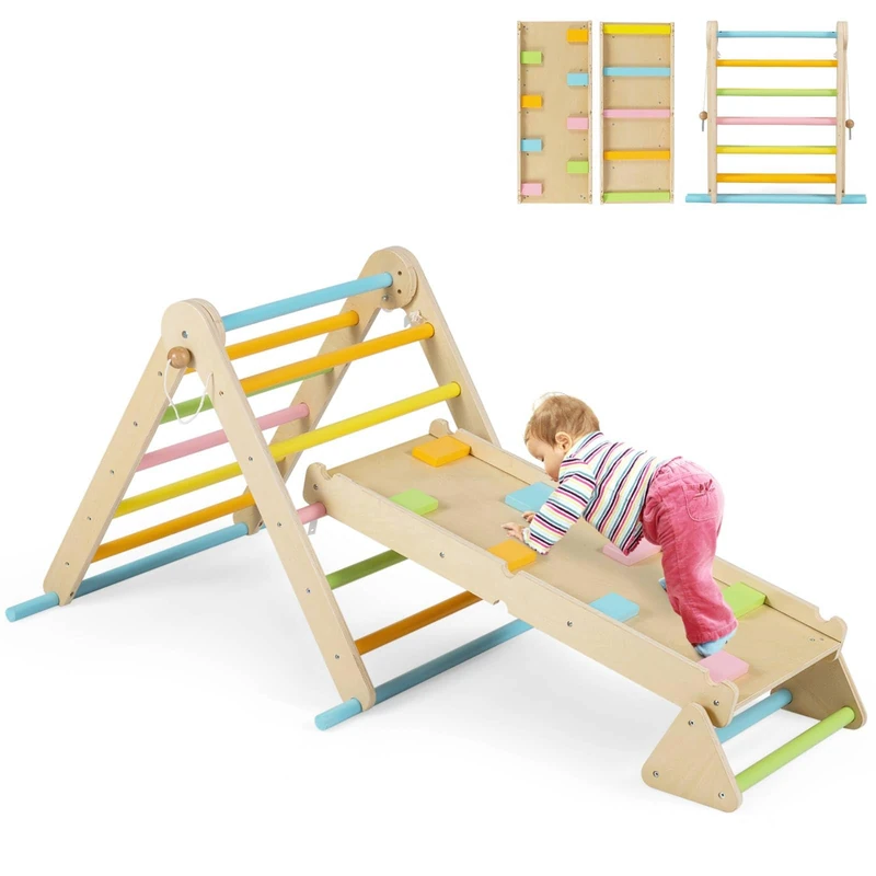 GYMAX 3 in 1 Kids Climbing Set, Foldable Wooden Toddler Climber with Reversible Ramp, Indoor Climbing Frame for 3+ Years Old Boys Girls (Colorful)