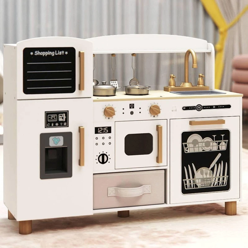 GYMAX Wooden Toy Kitchen, Kids Cooking Role Playset with Stoves, Microwave, Ice Maker, Dishwasher, Chalkboard and Accessories, Play Kitchen for 3+ Years Old (White, 86 x 25 x 69 cm)