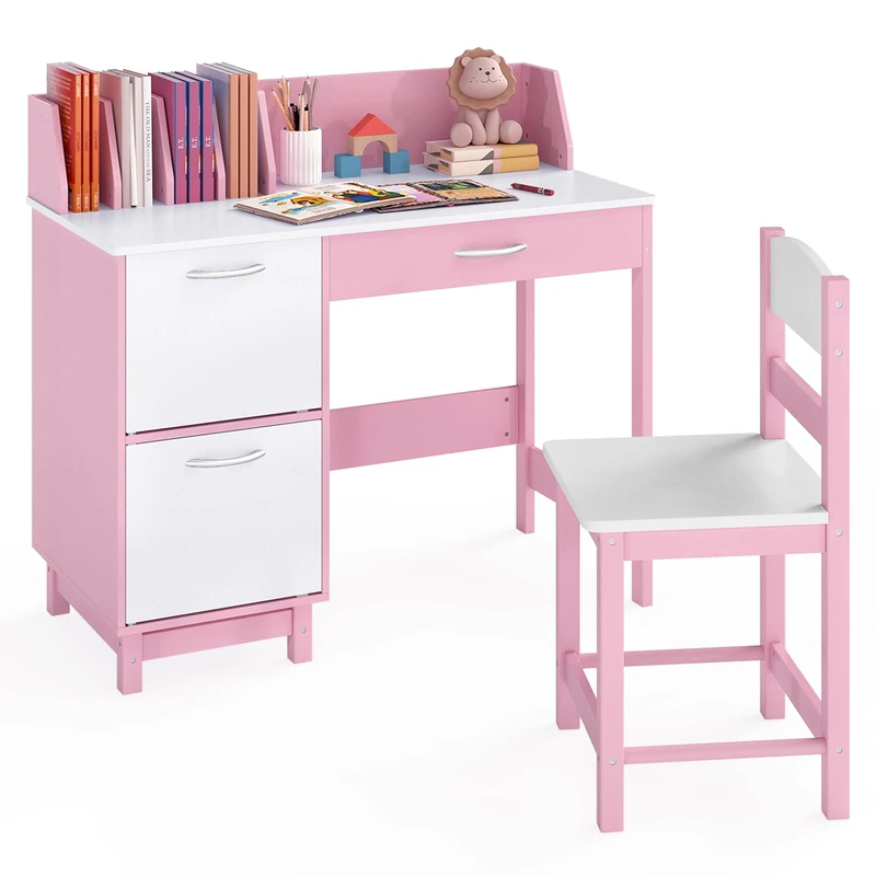 GYMAX Kids Desk and Chair Set, Wooden Children Study Table with 2 Storage Cabinets, Drawer, Tabletop Bookshelf & Anti-Toppling Device, Toddler Writing Desk Set for Boys Girls (Pink+White)