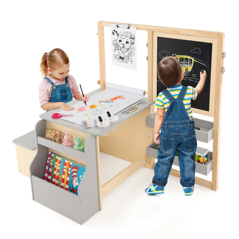 GYMAX Kids Art Table and Bench Set, 3 in 1 Children Activity Table Set with Height Adjustable Double Sided Art Easel, Bookshelf & Accessories, Wooden Drawing Table Set for Toddlers (Grey+Natural)