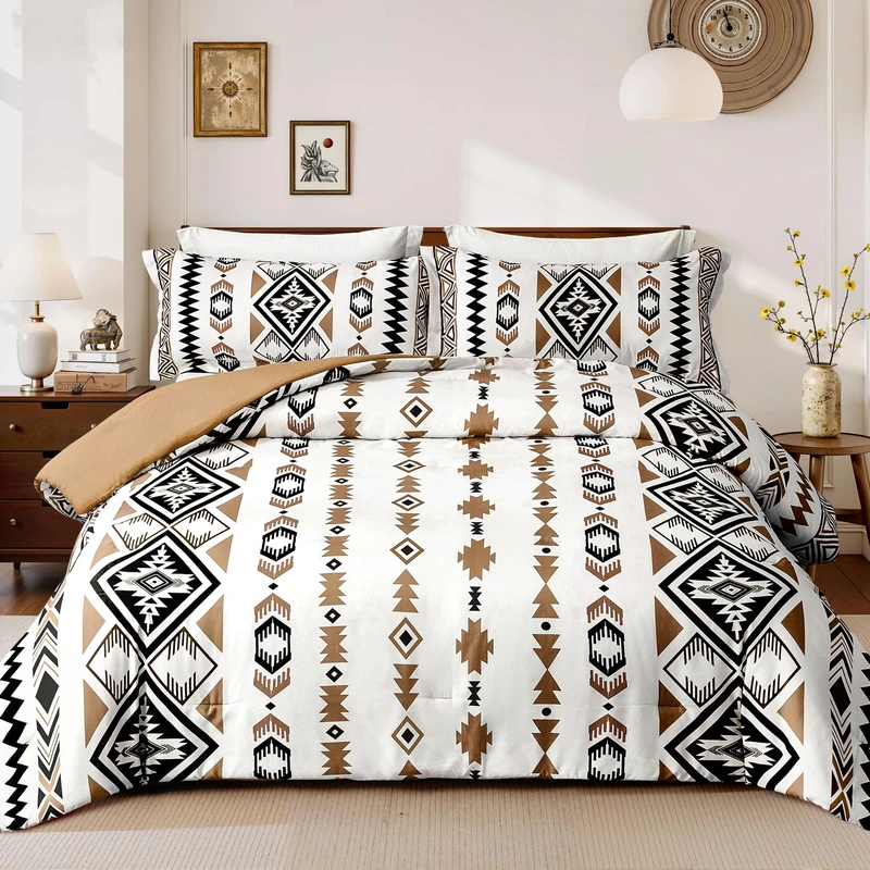 Tyrot Aztec Comforter Bedding Set with Pillow 2 Shams for All Season, King Size, Brown